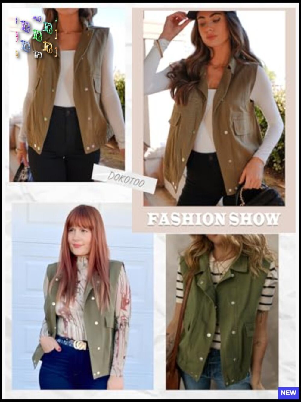 Sleeveless Cargo Vest Button-Down Lapel Collar Elastic Hem Boxy Style - Picture 5 of 7